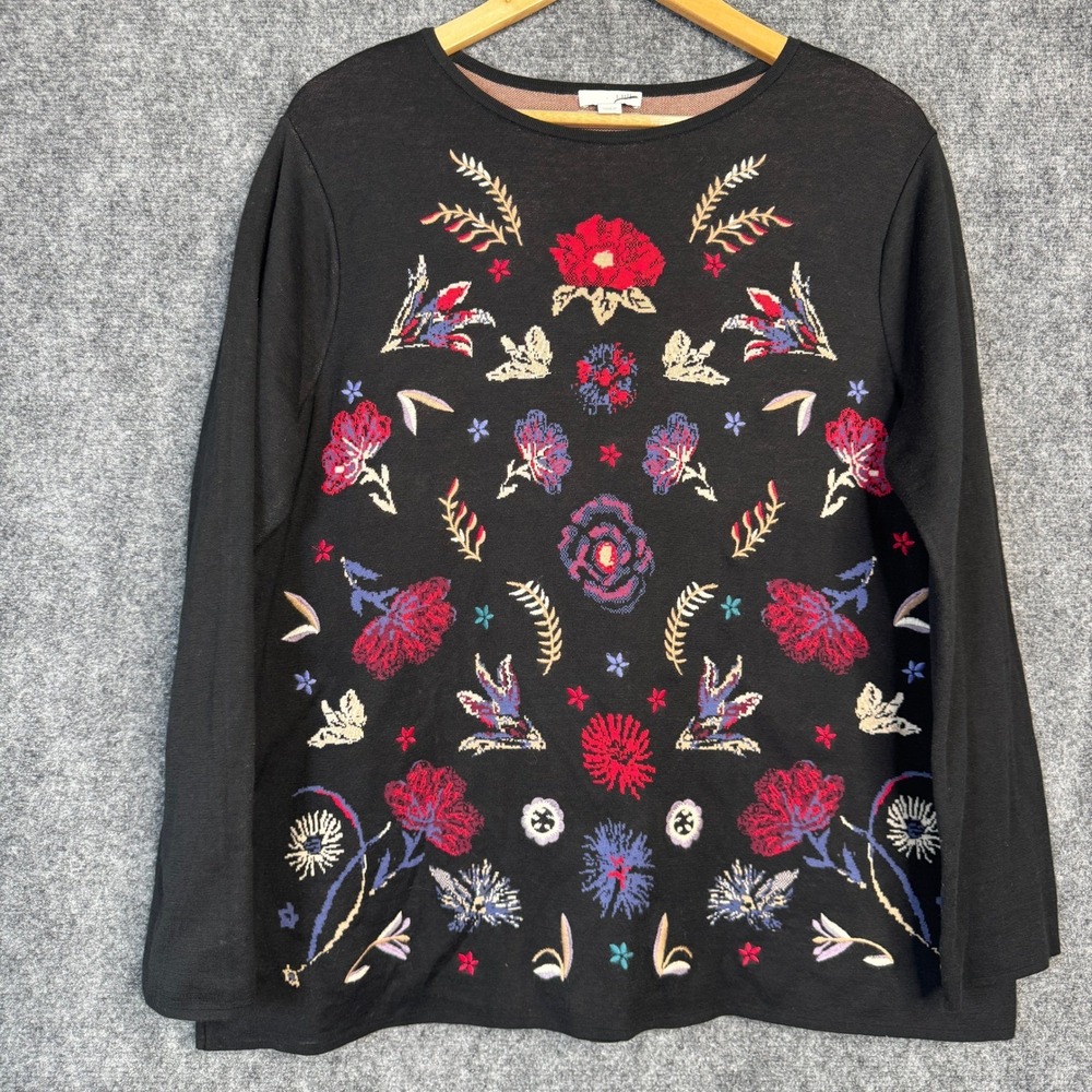 J.Jill Sweater‎ Women L Black Floral Embroidered Boho Casual Work Office Cottage